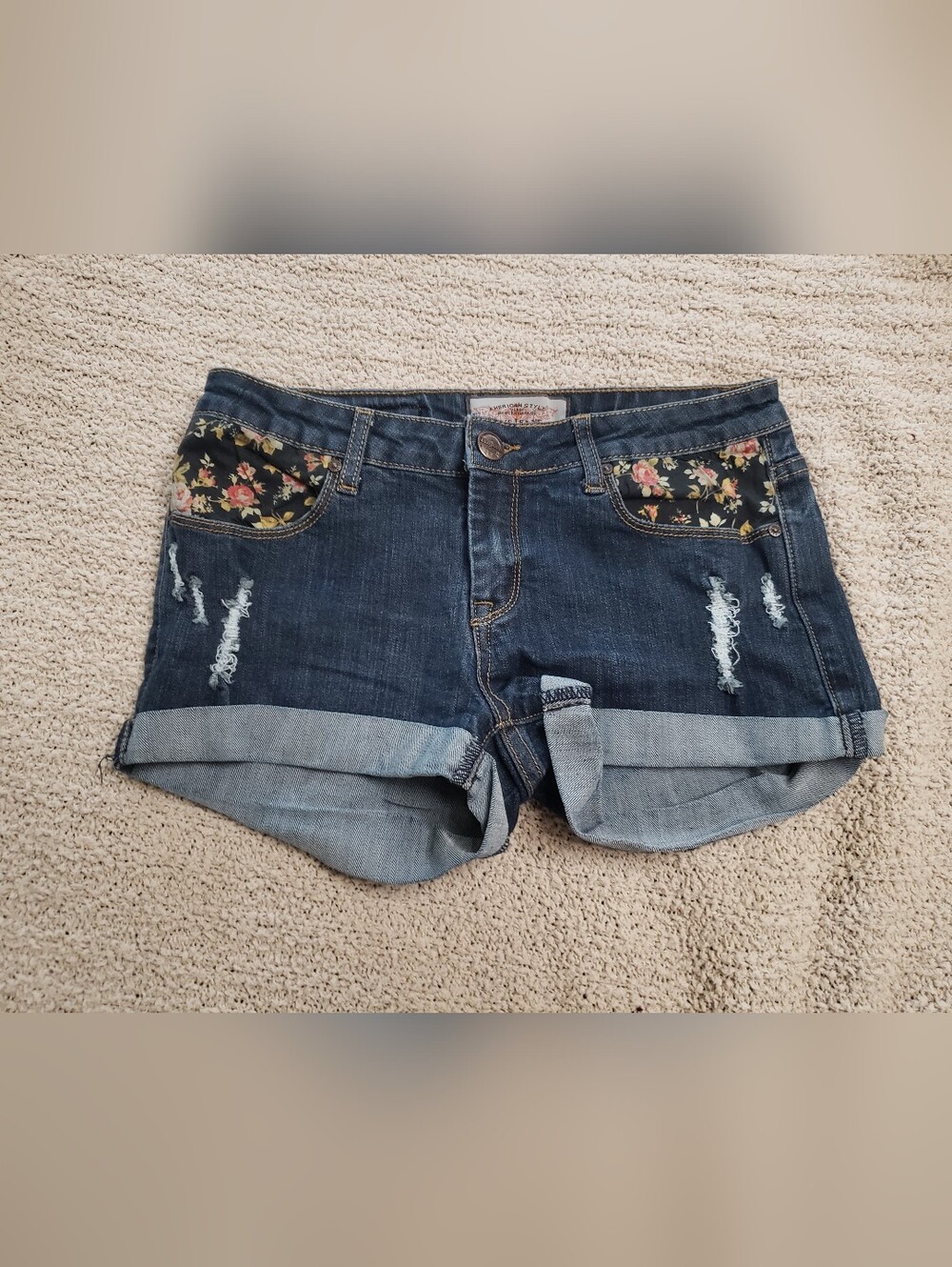 Dark Blue Denim Women’s Roll-Cuff Shorts with Floral Pocket Trim